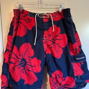 Abercrombie & Fitch Reversible Navy Swim Shorts with Red Hibiscus Print